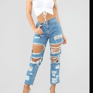 Distressed Boyfriend Jeans - Medium Blue Wash